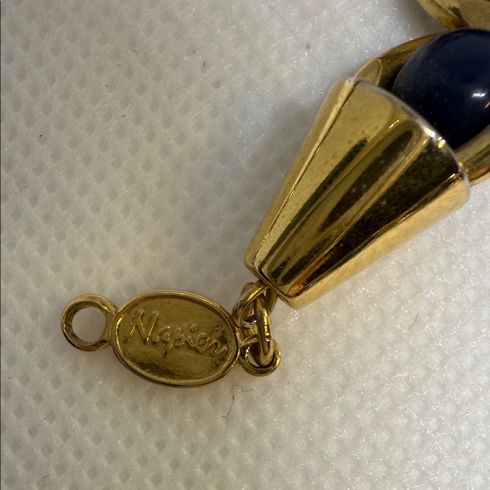 Napier Necklace 24 Inches Dark Blue Beaded Chunky Gold Tone Vintage Signed - Picture 4 of 8